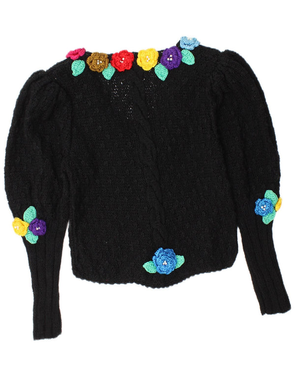 Pulover cardigan tricotat manual pentru femei Inzy UK 12 Medium Black Floral