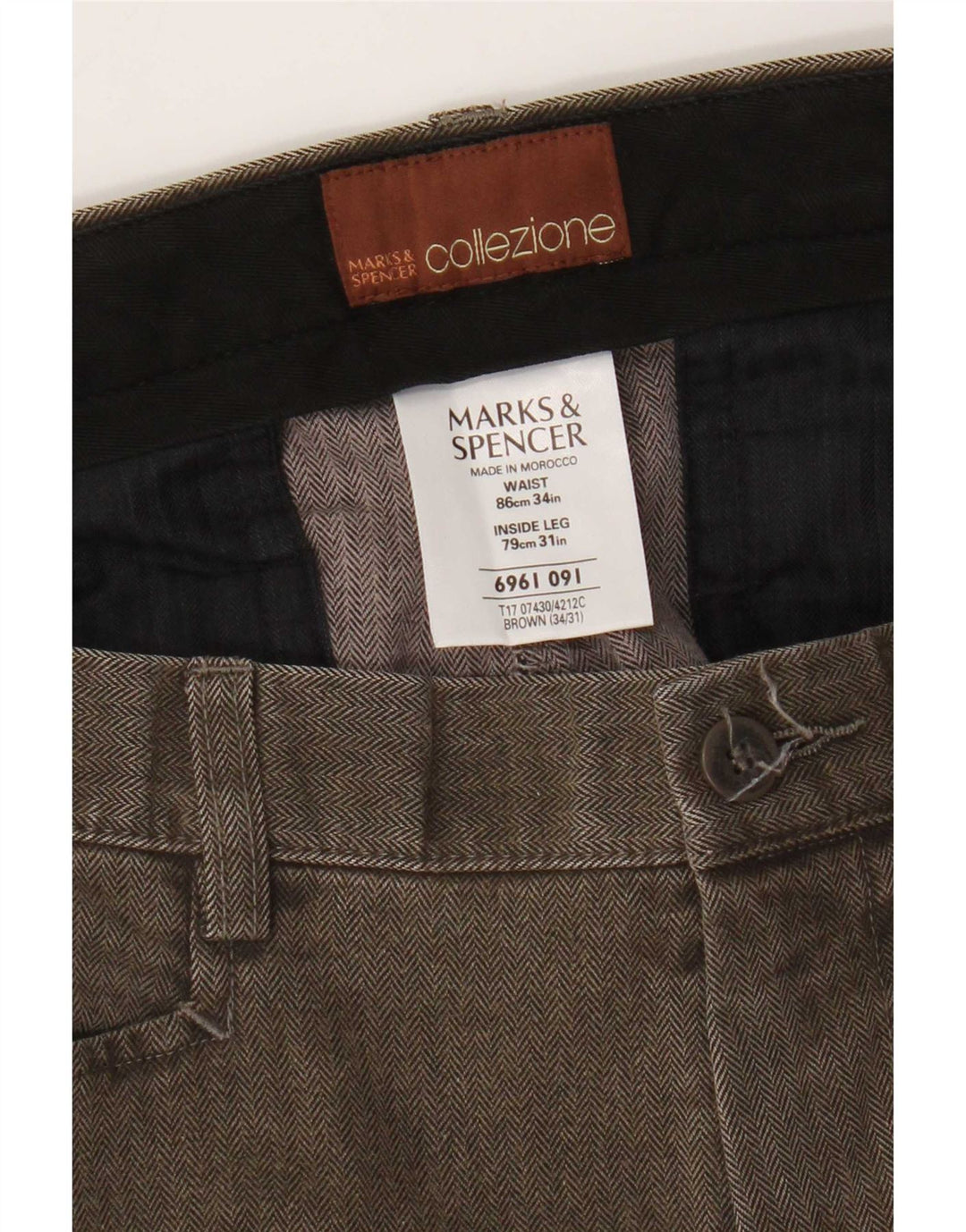 Pantaloni casual drepti pentru bărbați Marks & Spencer W34 L31 Brown Herringbone