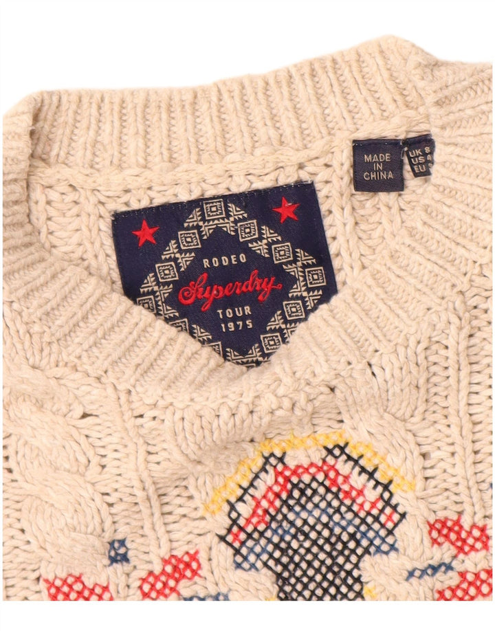 Pulover Superdry pentru femei cu decolteu triplu UK 8 Small Off White Fair Isle
