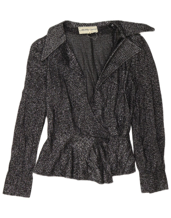 Bluză vintage pentru femei cu cămașă înfășurată EU 38 Medium Negru cu pete