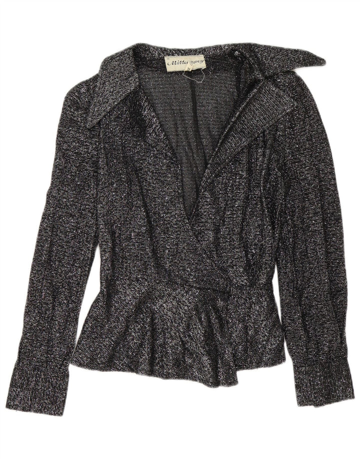 Bluză vintage pentru femei cu cămașă înfășurată EU 38 Medium Negru cu pete