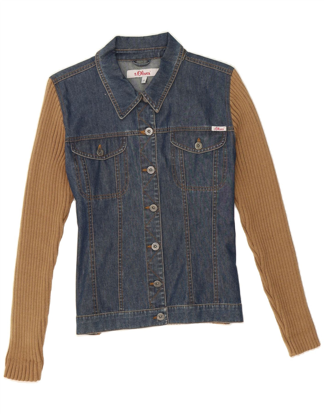 S.OLIVER Womens Denim Jacket UK 14 Medium Blue Colourblock Vintage S.Oliver and Second-Hand S.Oliver from Messina Hembry 