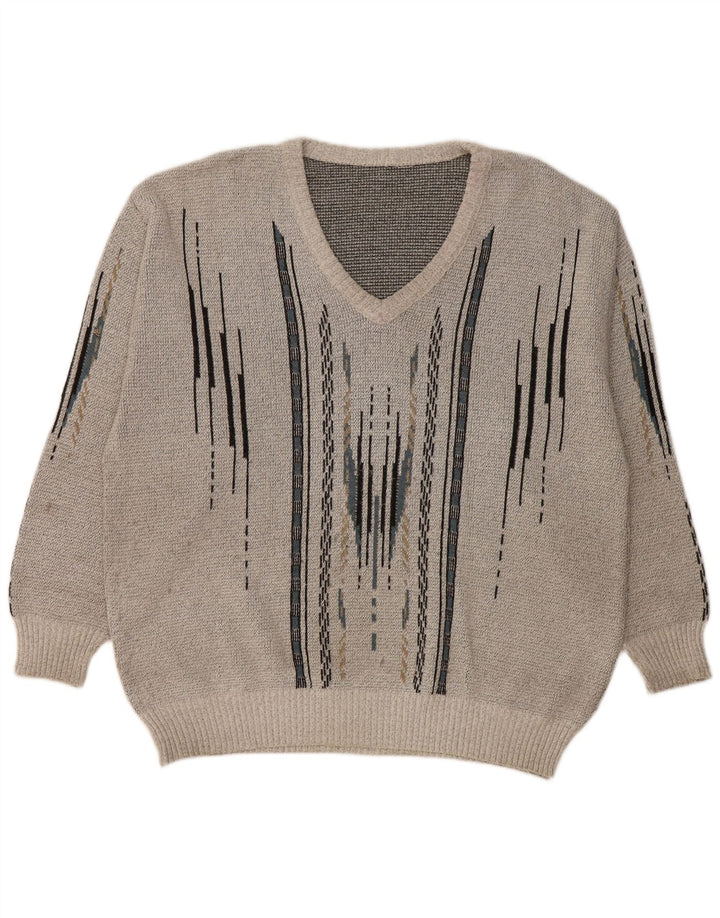 VINTAGE Pulover cu decolteu în V pentru bărbați, mare, gri geometric