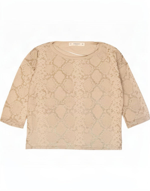 Zara Bluză supradimensionată cu mâneci 3/4 pentru femei UK 12 Medium Beige Animal Print