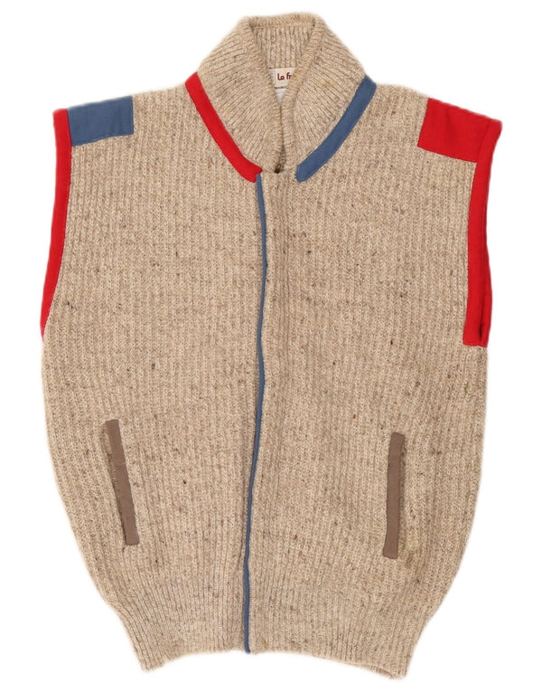Vintage Mens Sleeveless Cardigan Sweater Medium Beige Colourblock Acrylic