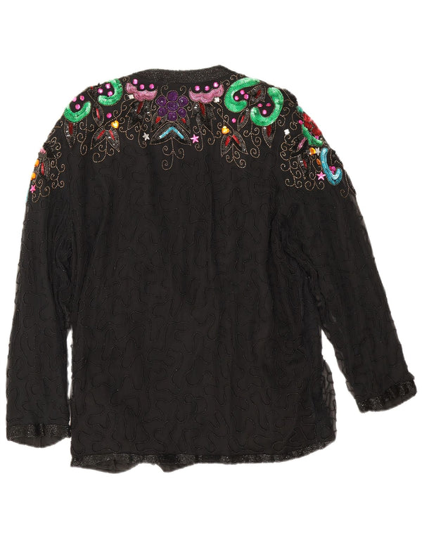 Blazer de seară vintage pentru femei UK 16, mare, neagră, mătase florală