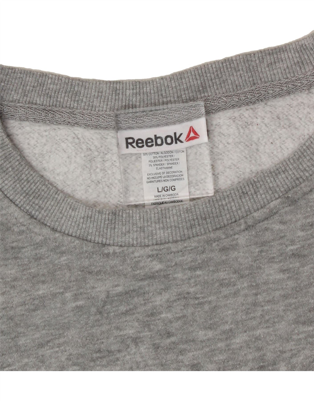 REEBOK Womens Graphic Sweatshirt Jumper UK 16 Large Grey Cotton Vintage Reebok and Second-Hand Reebok from Messina Hembry 