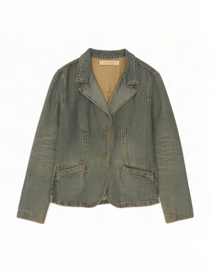 Sacou Blazer Trafaluc pentru femei, cu 2 nasturi, din denim, UK 12, bumbac albastru mediu