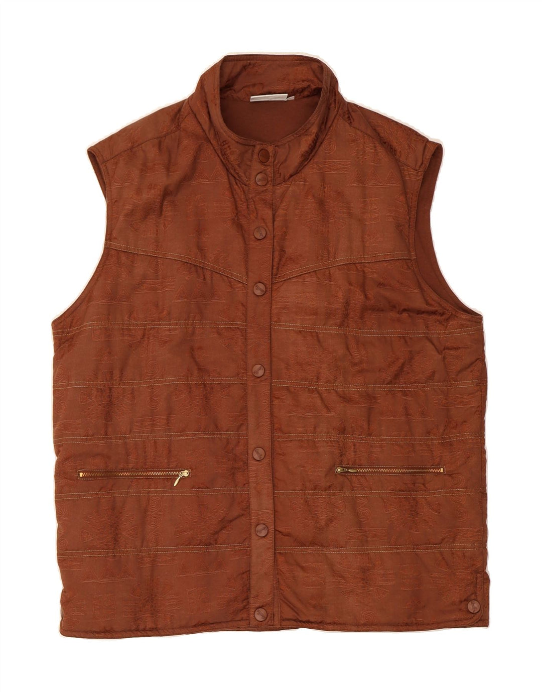 VINTAGE Womens Abstract Pattern Padded Gilet EU 42 Large Brown Polyamide Vintage Vintage and Second-Hand Vintage from Messina Hembry 