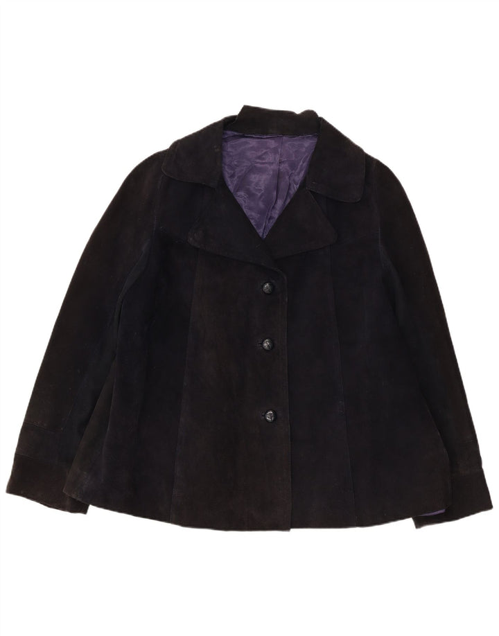 Blazer Vintage pentru femei cu 3 nasturi din piele intoarsa, UK 16, mare, bleumarin