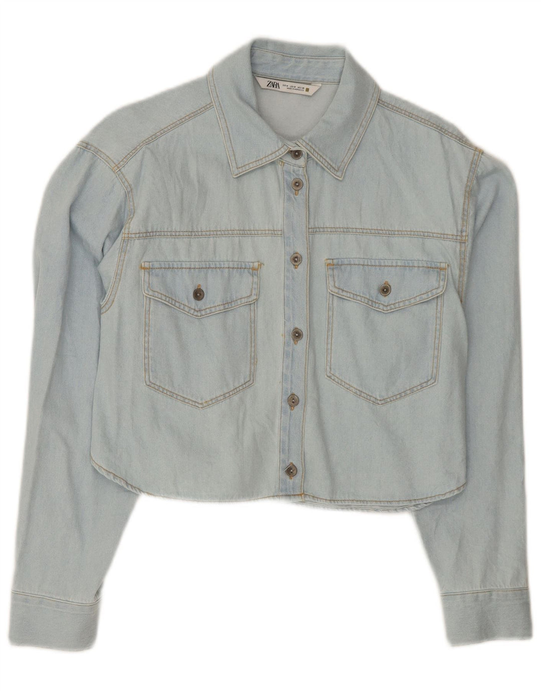 Cămașă de denim scurtă pentru femei Zara UK 14, bumbac albastru mediu