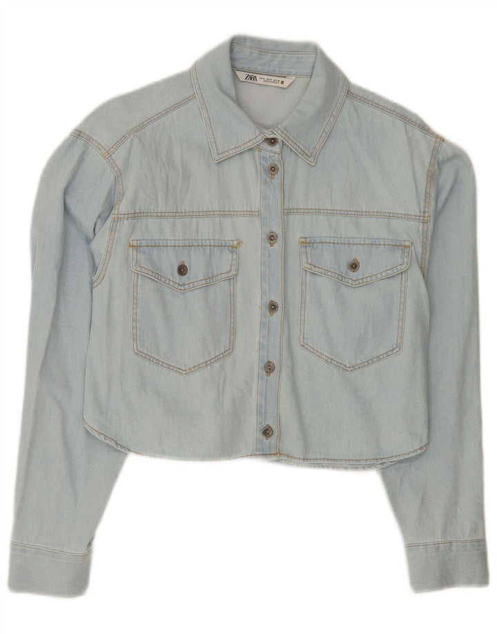 Cămașă de denim scurtă pentru femei Zara UK 14, bumbac albastru mediu