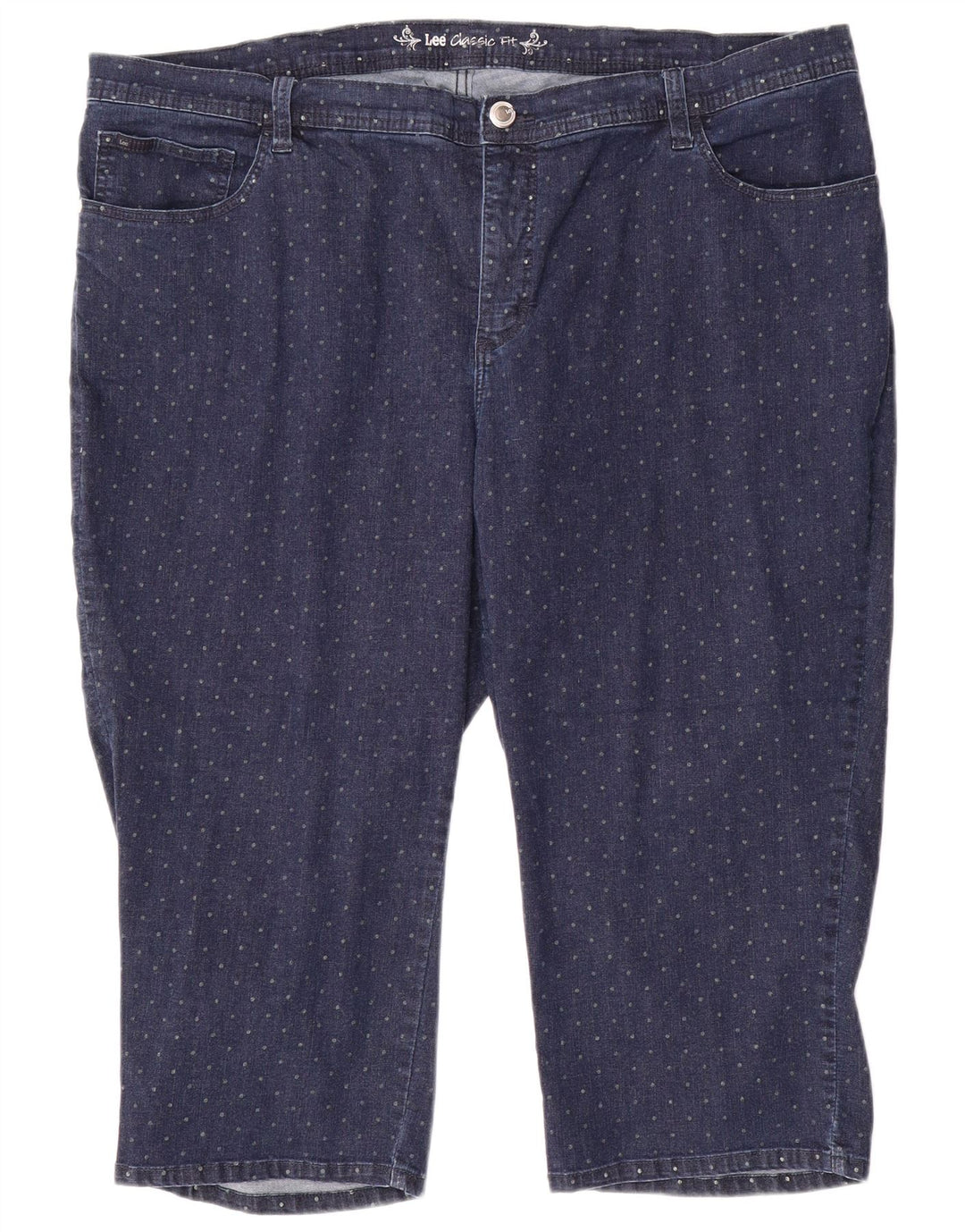Blugi Capri LEE pentru femei, cu ajustare clasică, US 24 4XL W48 L20, bumbac cu pete albastre