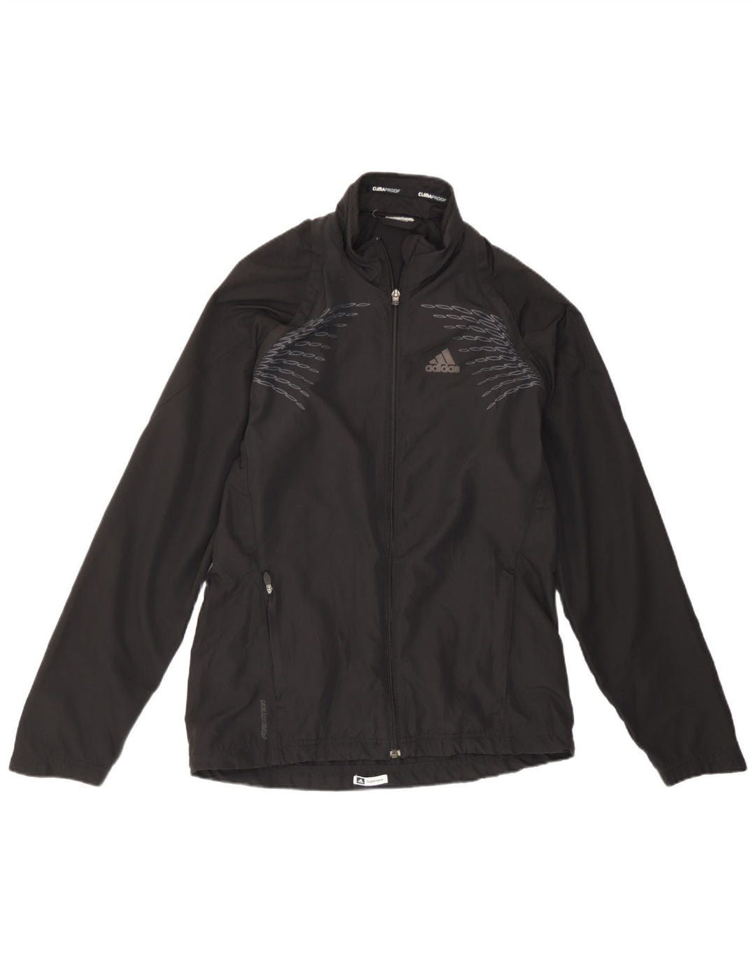 Jachetă de top pentru trening Adidas Clima Proof pentru femei UK 14 Large Black Geometric