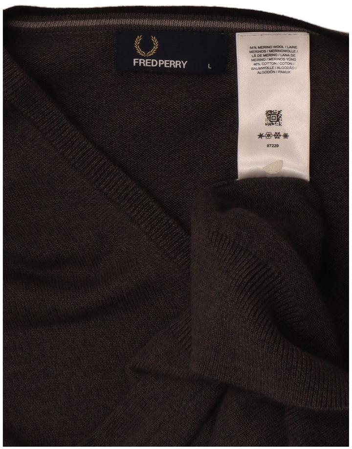 Fred Perry Pulover cu decolteu în V pentru bărbați, lână merinos, gri mare