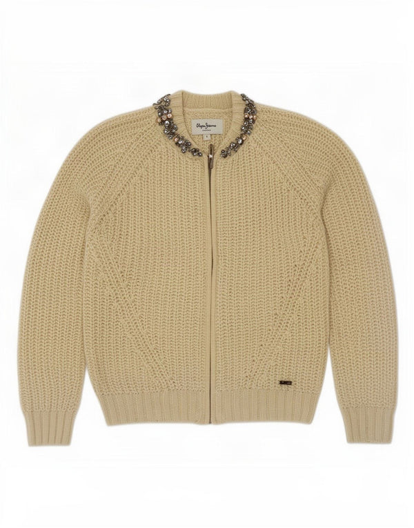 Pulover cardigan pentru femei PEPE Jeans UK 10 mic bej lână florală