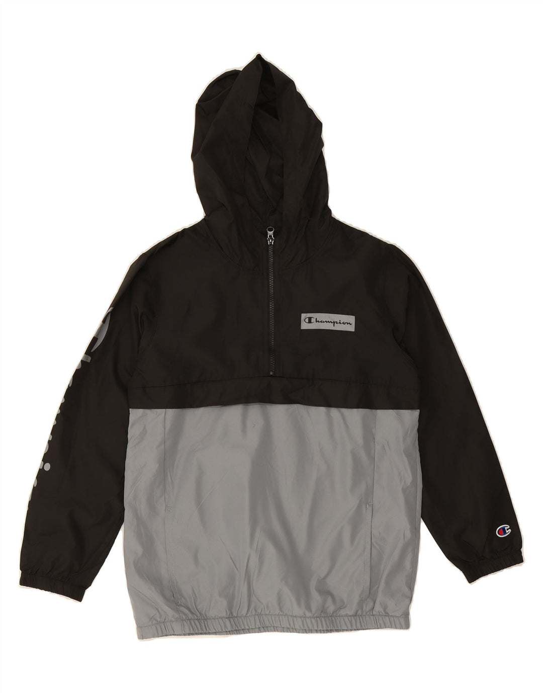 CHAMPION Boys Graphic Anorak Jacket 9-10 Years Medium Black Colourblock Vintage Champion and Second-Hand Champion from Messina Hembry 