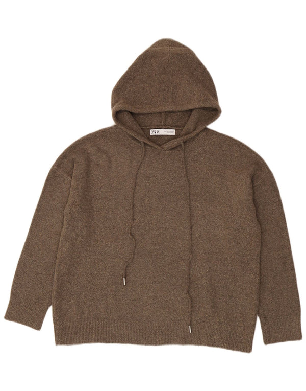 Zara Womens Hooded Oversized Jumper Sweater UK 10 Small Brown Polyester