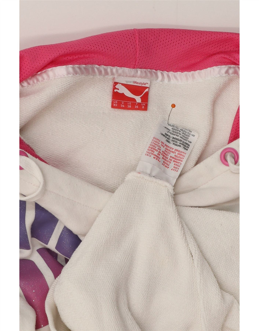 Pulover cu glugă cu grafic PUMA pentru femei UK 8 mic, alb, bumbac