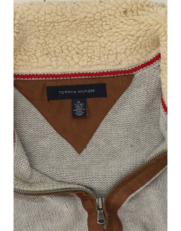 TOMMY HILFIGER Mens Zip Neck Jumper Sweater XL Grey Colourblock Polyester Vintage Tommy Hilfiger and Second-Hand Tommy Hilfiger from Messina Hembry 