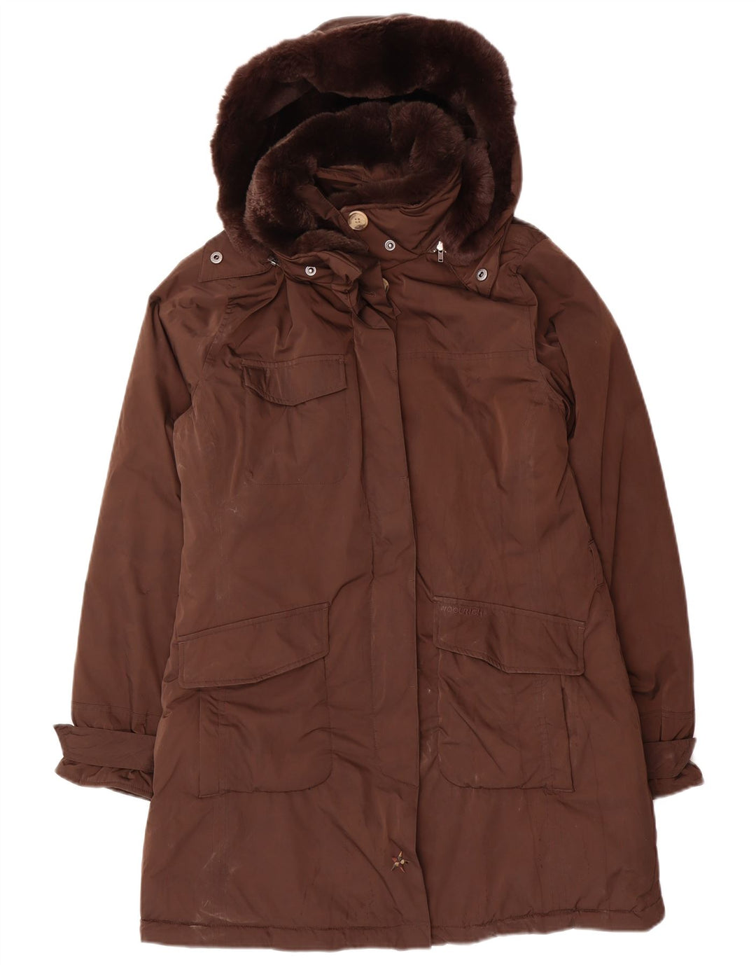Jachetă parka cu glugă Woolrich pentru femei UK 14 Poliester maro mediu