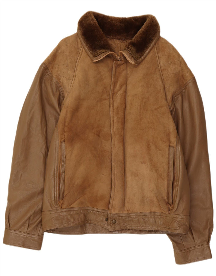 Jachetă vintage bărbătească din shearling IT 52 XL din piele maro