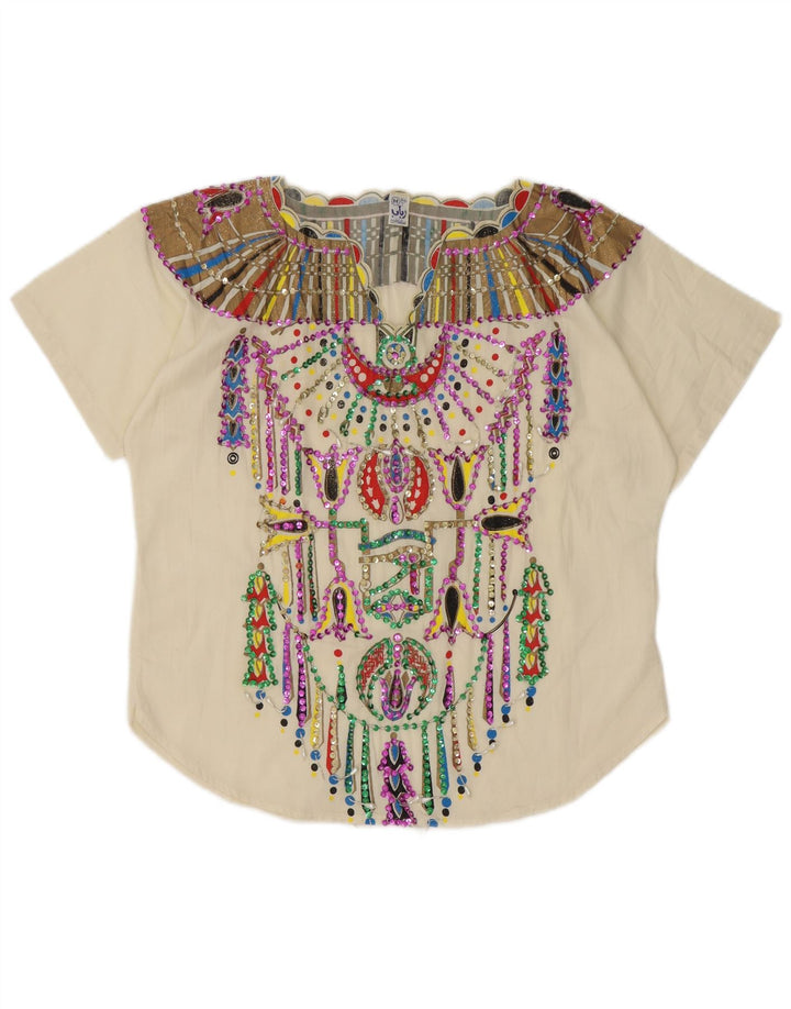 Bluză vintage cu model abstract pentru femei UK 14 Medium White Ethnic