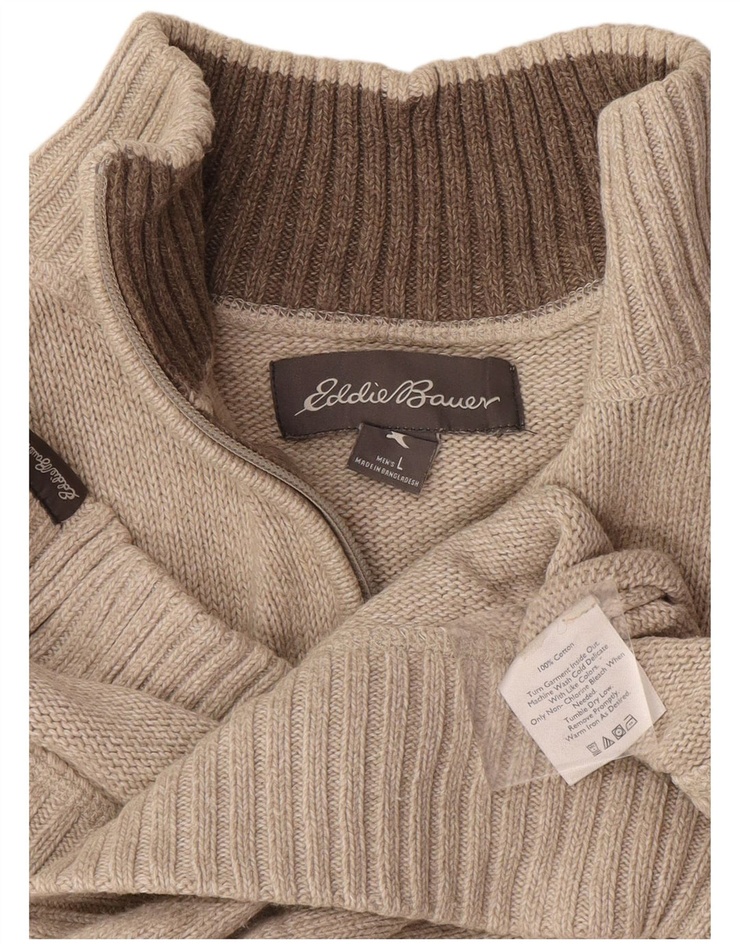 Eddie Bauer Pulover pentru bărbați cu fermoar și gât, bumbac mare, bej