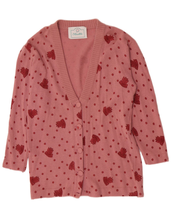 Pulover Vintage cardigan cu paragate pentru femei UK 14 Lână mare cu pete roz