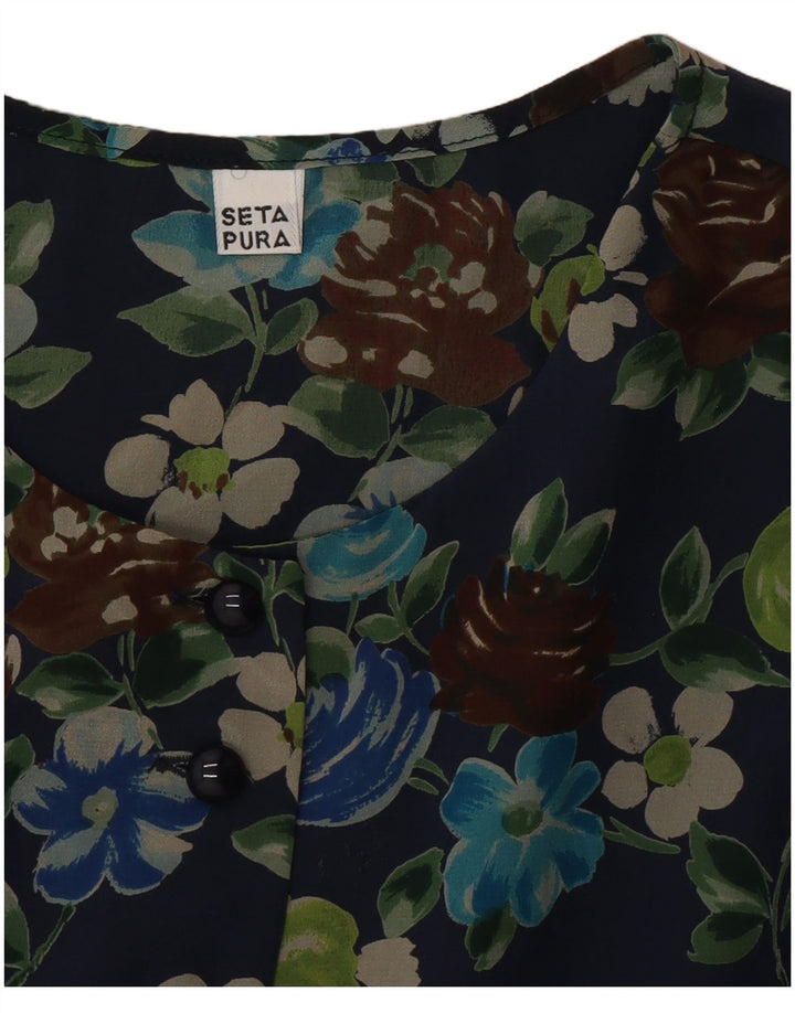 Rochie de damă Vintage Shift UK 12 Medium Bleumarin Floral Mătase