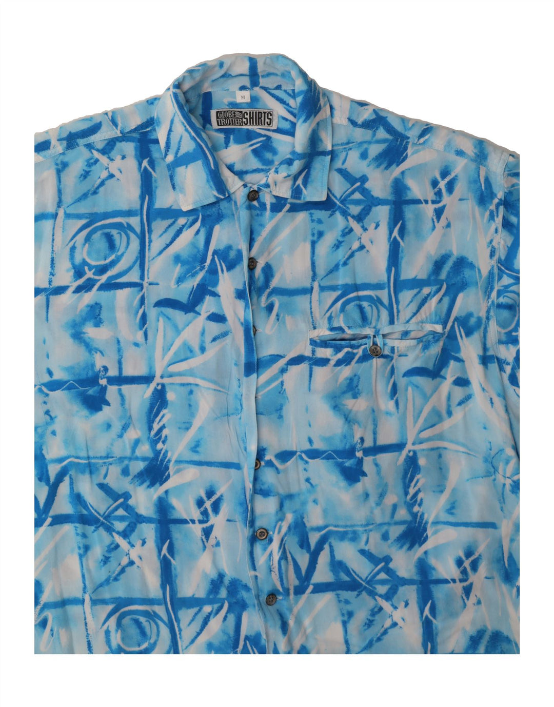 GLOBE TROTTER Mens Abstract Pattern Short Sleeve Shirt Medium Blue Viscose Vintage Globe Trotter and Second-Hand Globe Trotter from Messina Hembry 