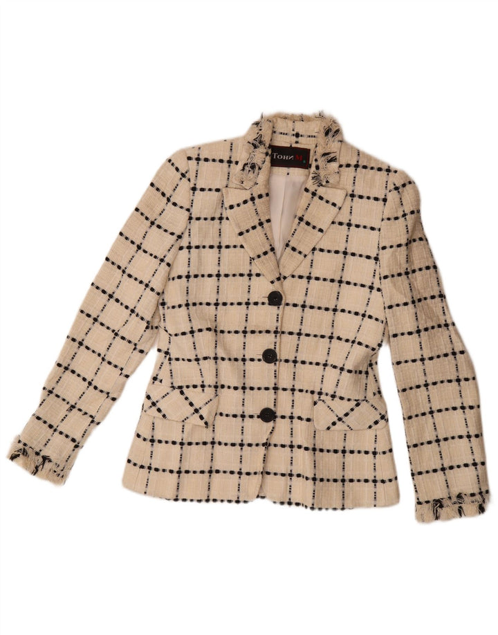Jachetă vintage pentru femei cu 3 nasturi, UK 10, lână cu carouri de culoare albă
