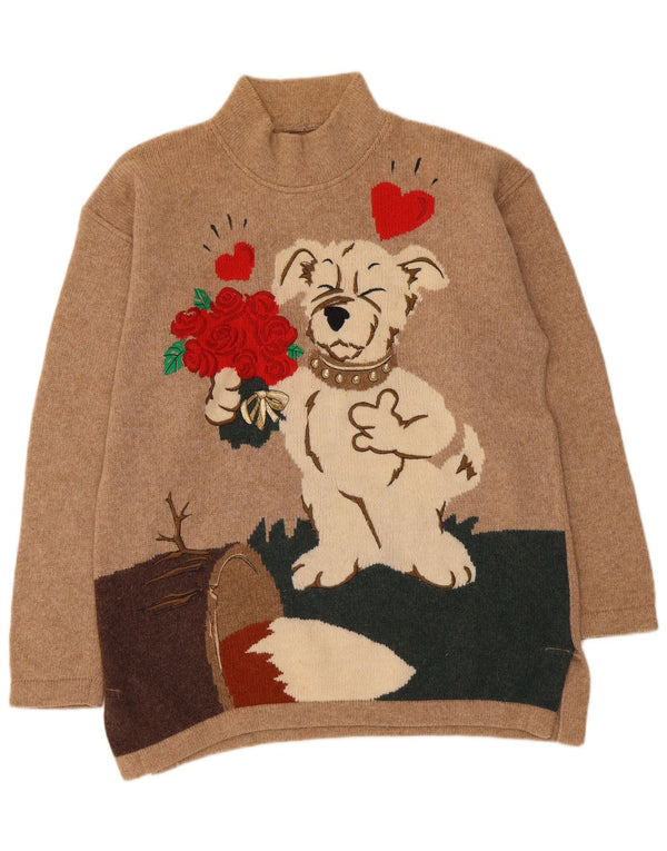 Pulover vintage cu gât țestoasă cu grafică pentru femei UK 16 mare bej