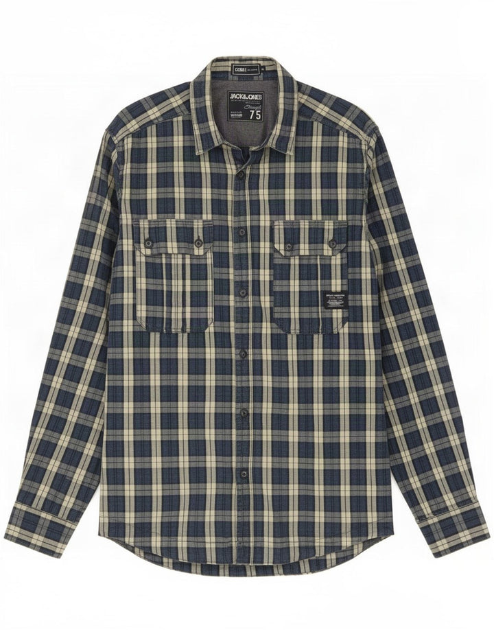 Cămașă Jack & Jones pentru bărbați, bumbac cu carouri medie bleumarin