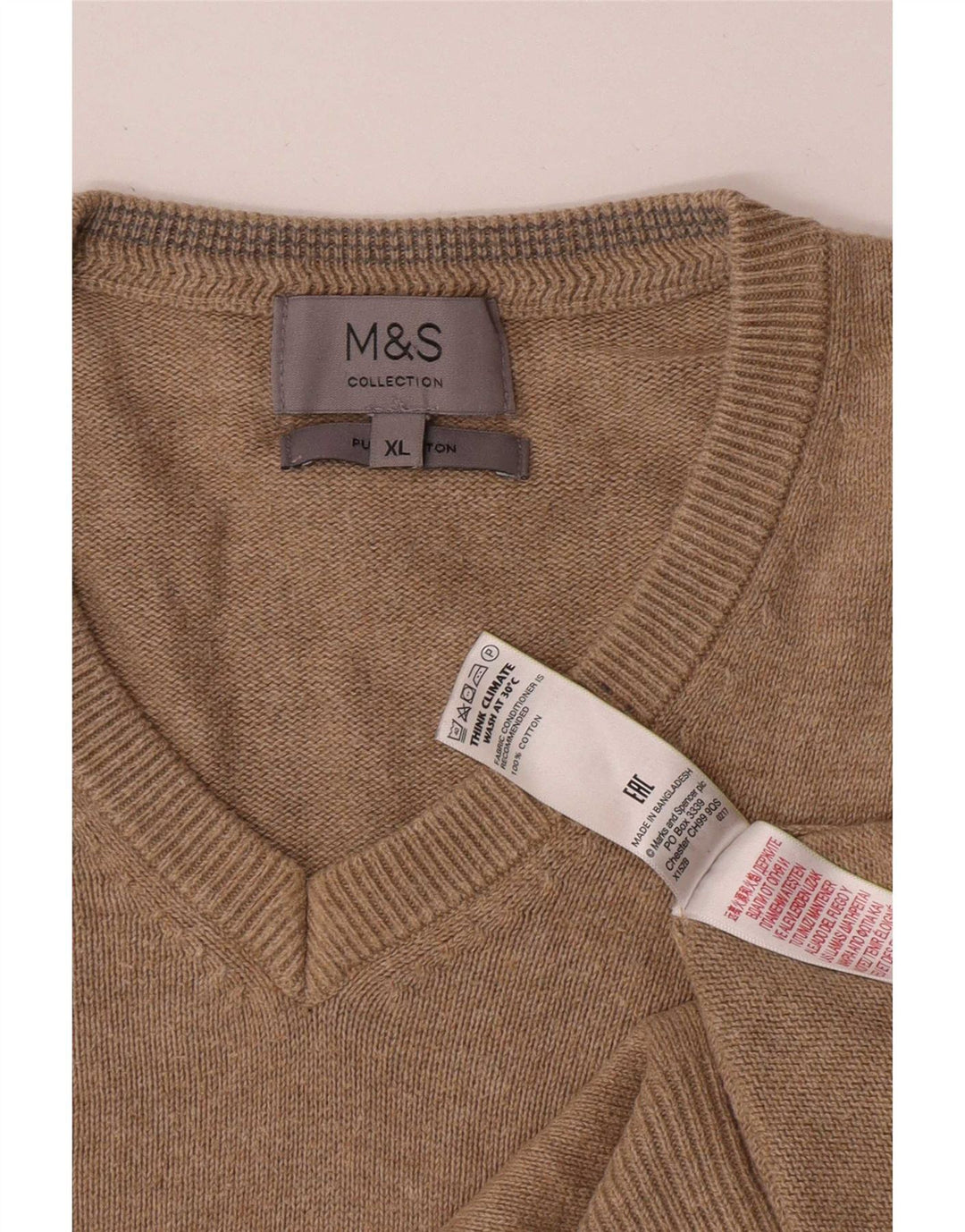 Pulover pentru bărbați Marks & Spencer, cu decolteu în V, XL, bumbac, bej