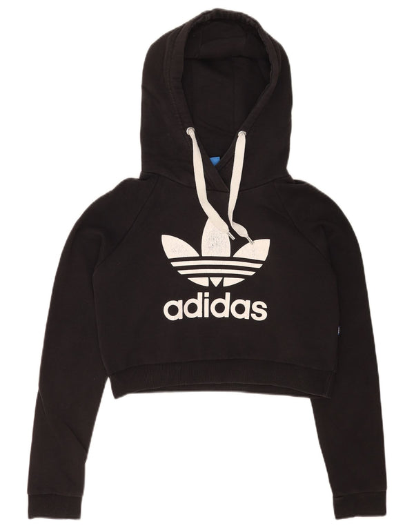 Pulover Adidas pentru femei Graphic Crop Hoodie UK 8 Small Black Bumbac