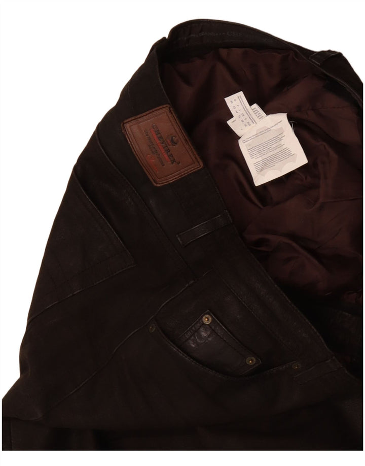 CHEVIREX Pantaloni drepti din piele pentru bărbați W40 L33 din piele maro