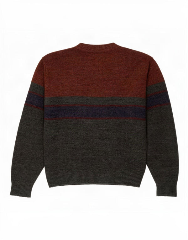 Pulover vintage pentru bărbați cu gât roșu, XL, gri, acrilic, bloc de culoare