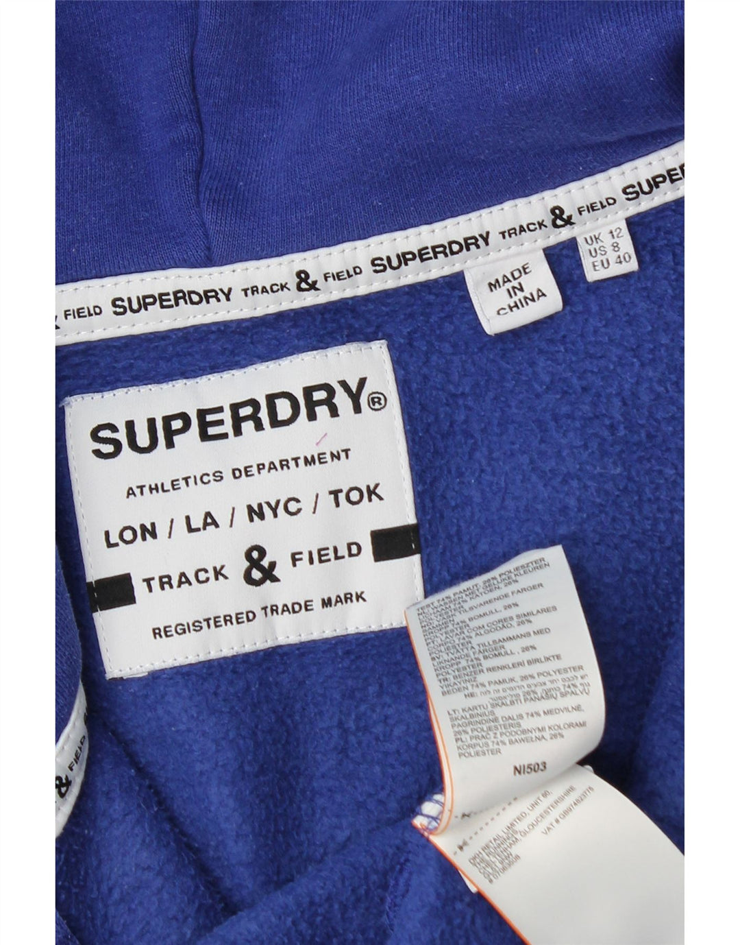 Pulover Superdry pentru damă, cu fermoar și grafic, bumbac albastru mediu UK 12