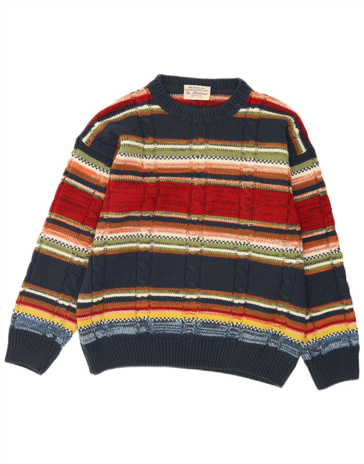 Pulover vintage pentru bărbați cu gât roșu, cu dungi medii, multicolore