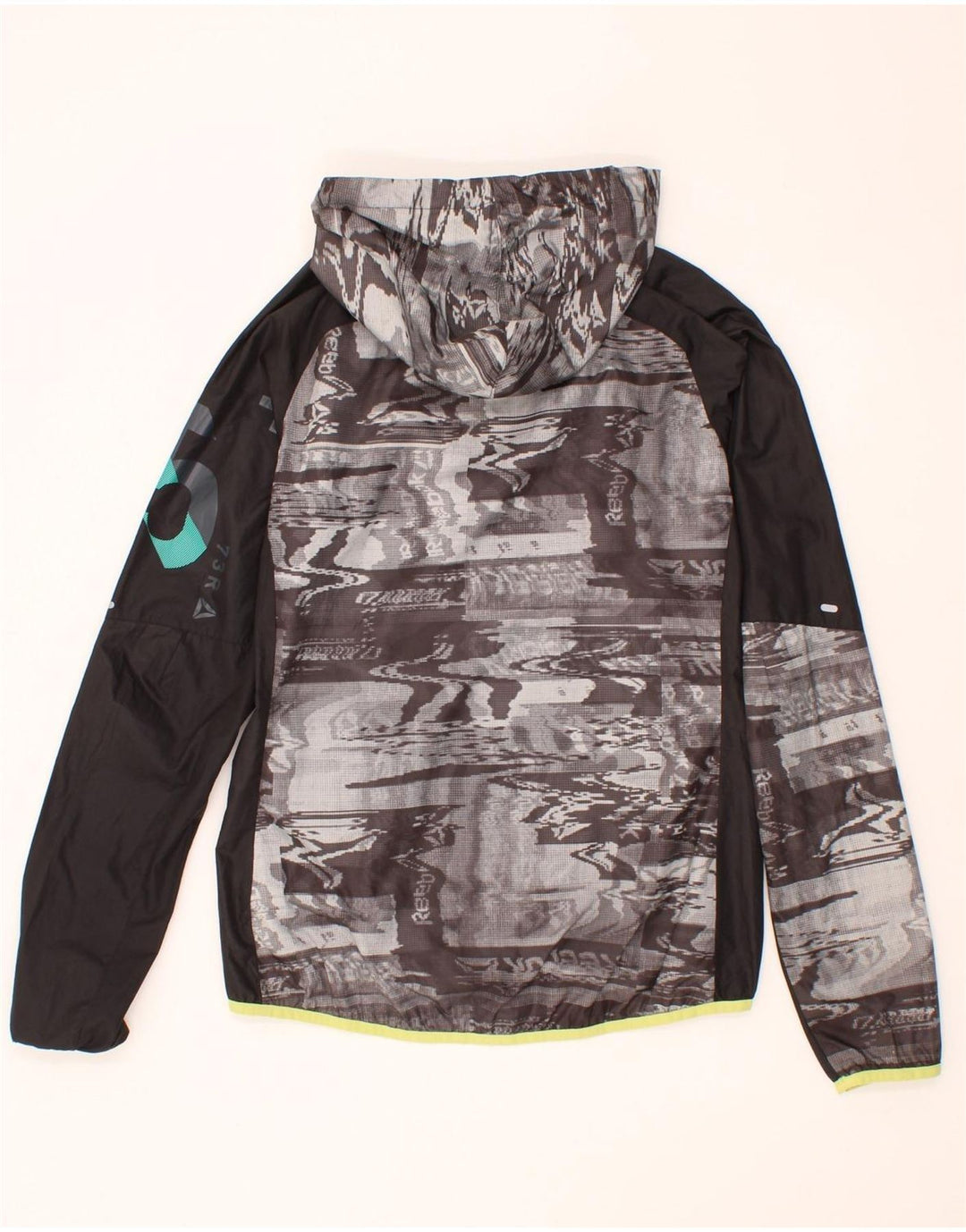REEBOK Mens Graphic Hooded Rain Jacket UK 34 XS Grey Colourblock Polyester Vintage Reebok and Second-Hand Reebok from Messina Hembry 