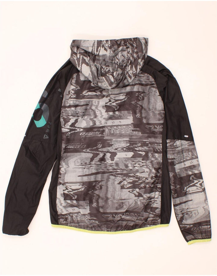 REEBOK Mens Graphic Hooded Rain Jacket UK 34 XS Grey Colourblock Polyester Vintage Reebok and Second-Hand Reebok from Messina Hembry 