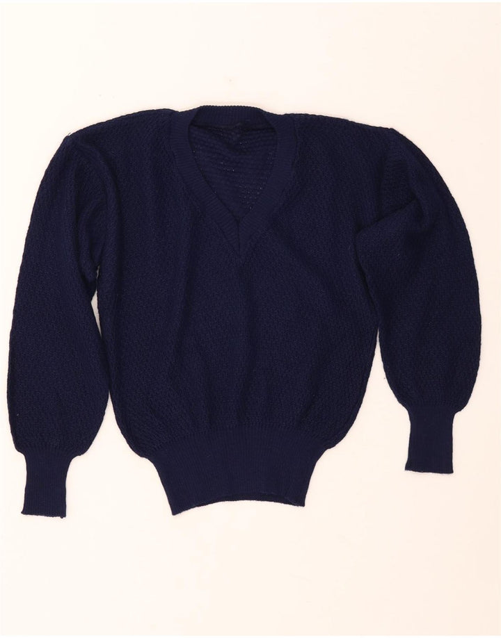 Pulover VINTAGE pentru femei cu decolteu în V IT 46 mare, acrilic, albastru bleumarin