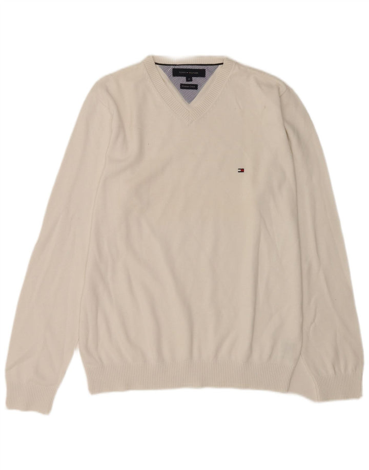 Pulover Tommy Hilfiger pentru bărbați, cu decolteu în V, bumbac alb mediu