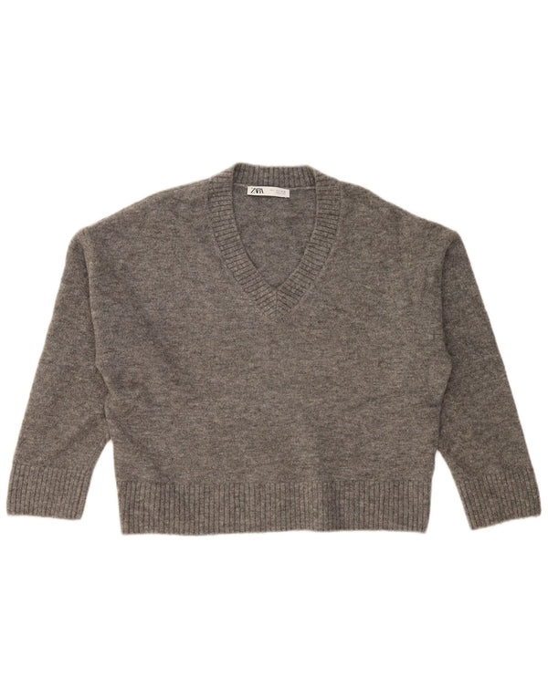Pulover cu decolteu în V supradimensionat pentru femei Zara UK 16 mare, gri acrilic