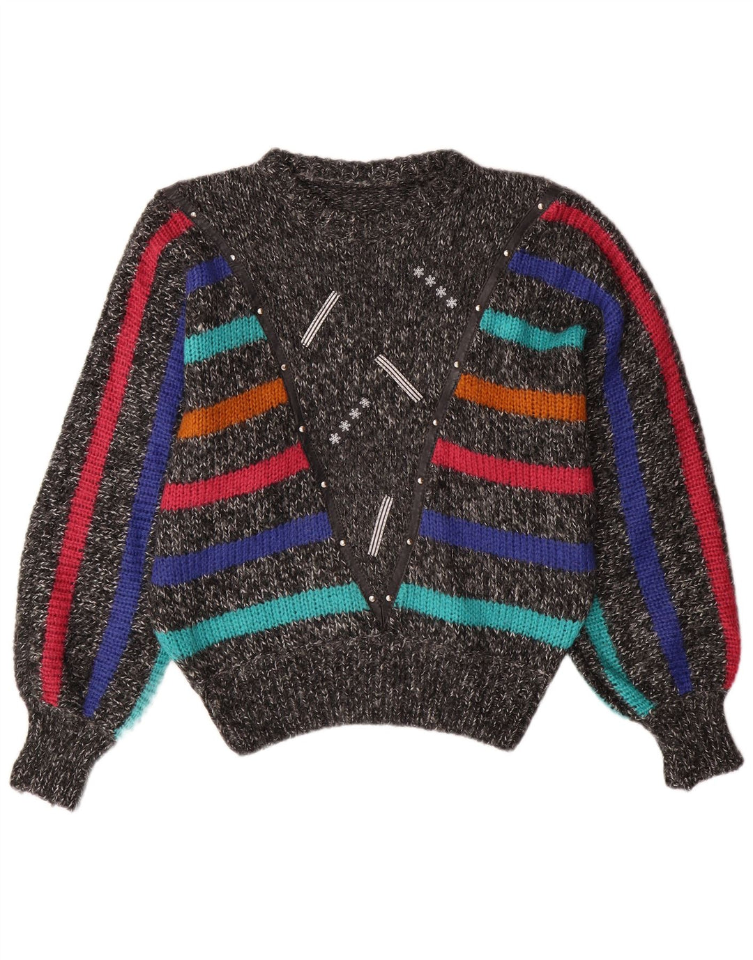 Pulover pentru femei VINTAGE cu gâtul rotund și liliac, UK 14, gri mediu, cu dungi