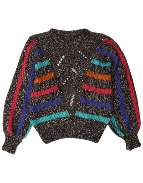 Pulover pentru femei VINTAGE cu gâtul rotund și liliac, UK 14, gri mediu, cu dungi