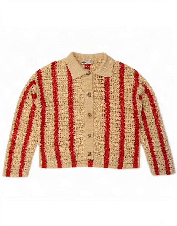 Pulover cardigan supradimensionat din croșetat Zara pentru femei UK 10 mic, bej, cu dungi