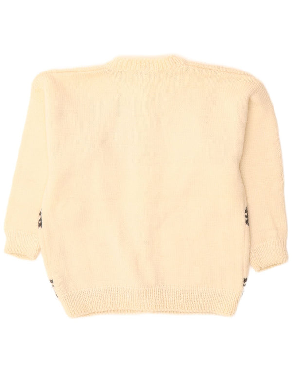 Pulover cardigan grafic pentru femei VINTAGE UK 16, lână mare, alb