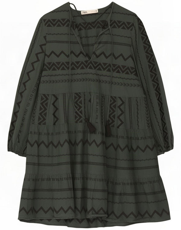 Rochie cu mâneci lungi Zara pentru femei UK 10 Small Green Chevron